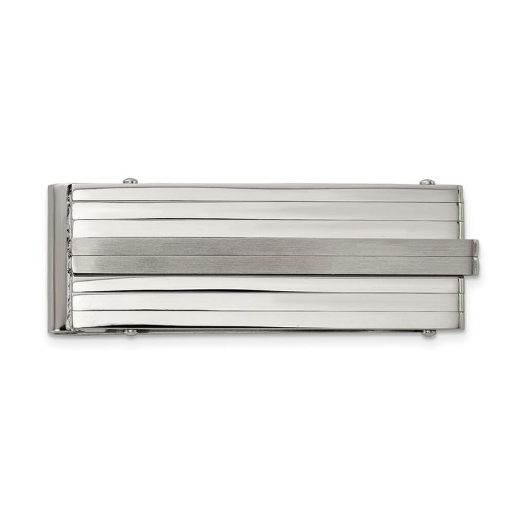 Mens Stainless Steel Brushed and Polished Striped Fold Over Money Clip